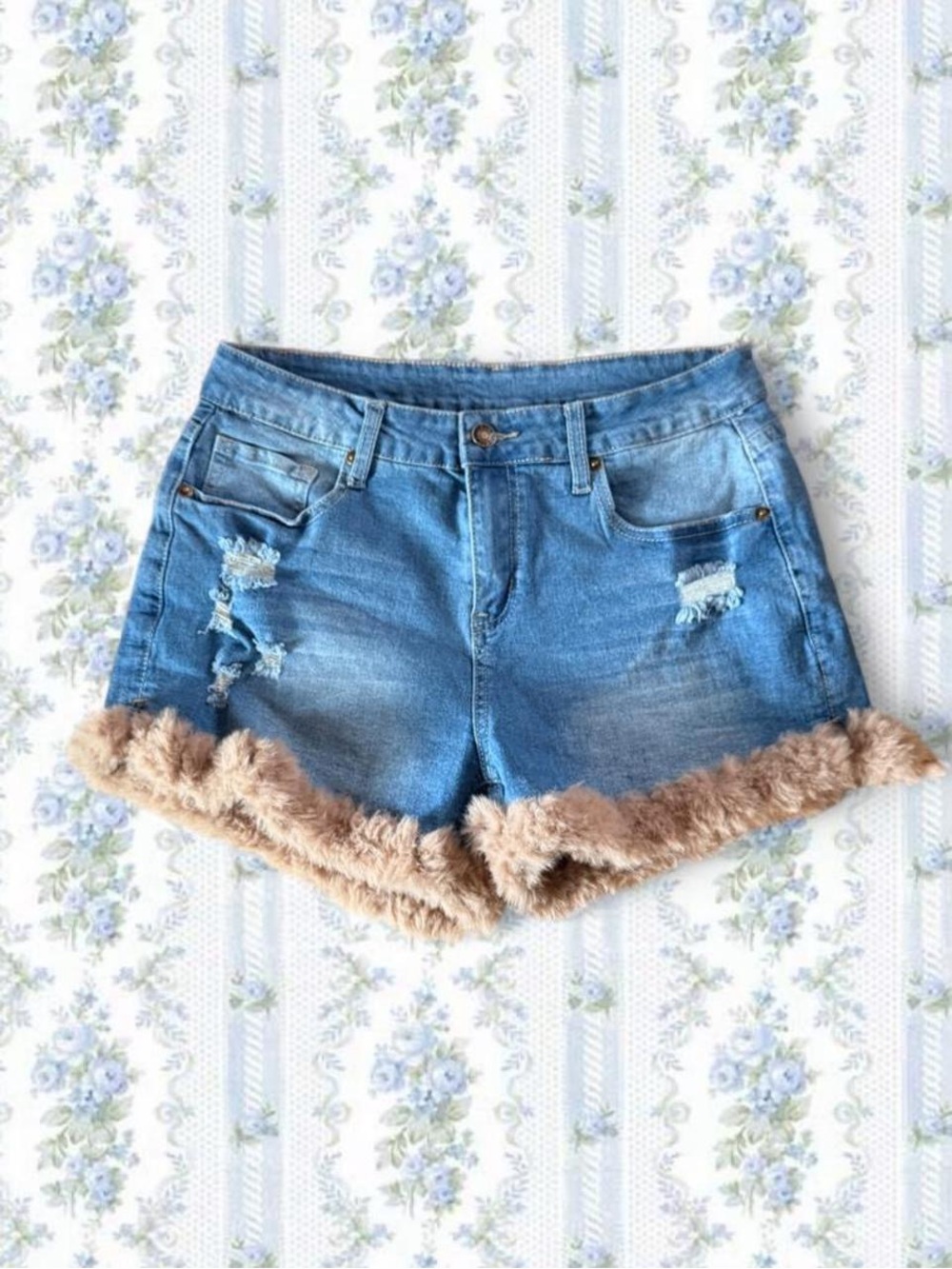 Denim Distressed Shorts with Faux Fur Trim - Blue